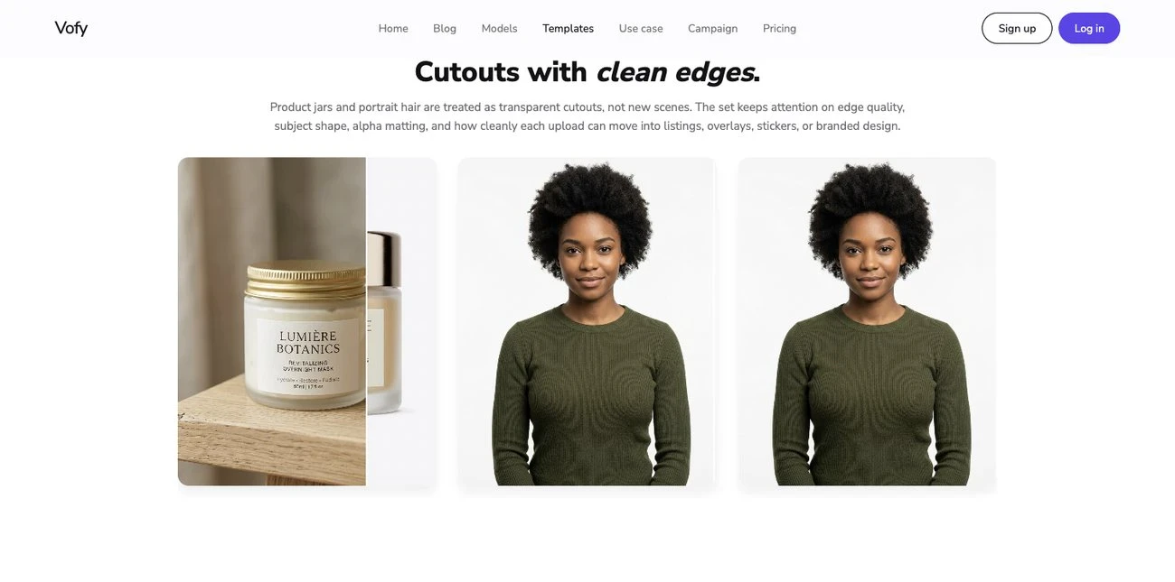 Screenshot of the Vofy Remove Background app showing cutouts with clean edges.