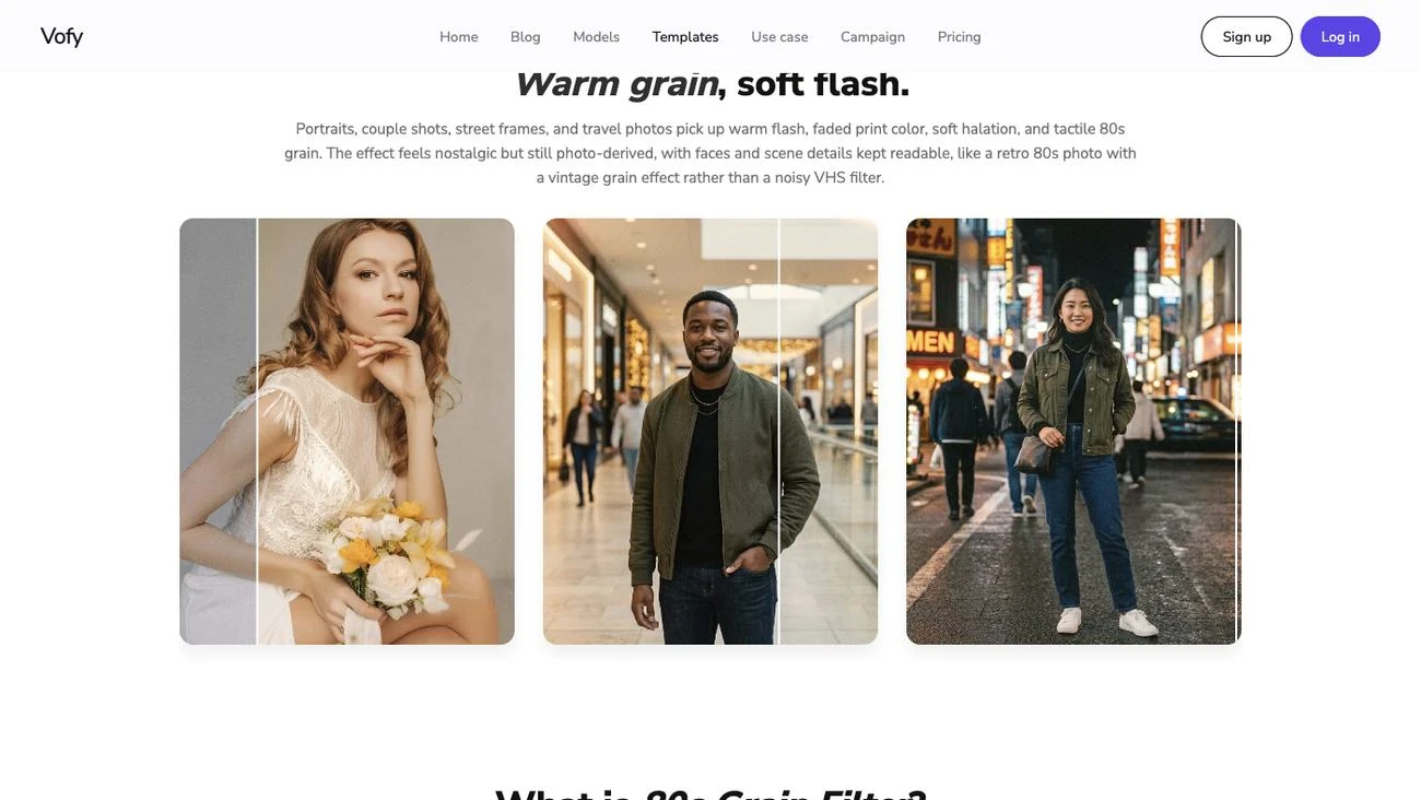 Screenshot of the Vofy 80s Grain Filter page showing retro photo examples