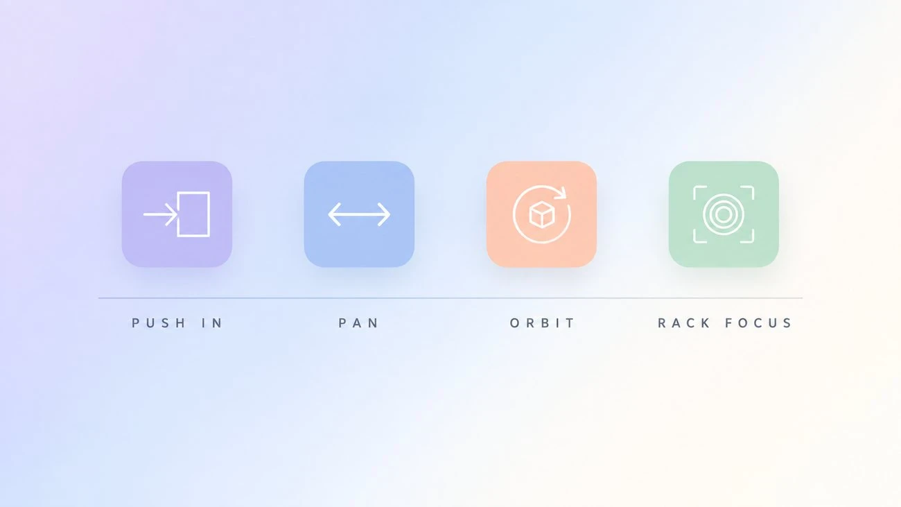 Four camera move tiles for Seedance 2.0 Mini: push in, pan, orbit, and rack focus