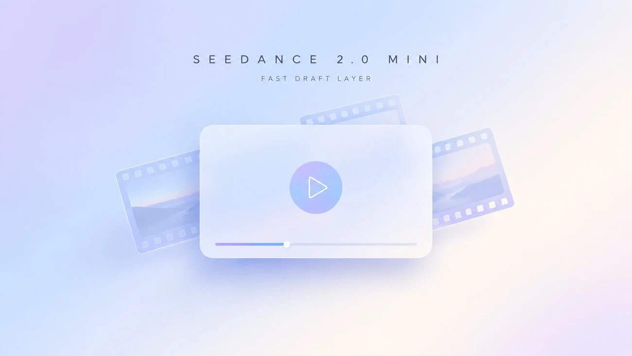Seedance 2.0 Mini hero card showing a compact AI video player with the labels SEEDANCE 2.0 MINI and FAST DRAFT LAYER