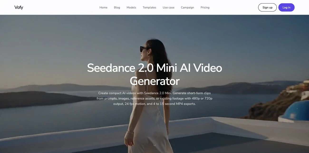 Screenshot of the Seedance 2.0 Mini model page on Vofy showing the model header and its example video