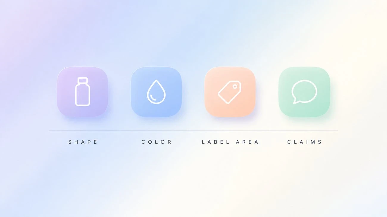 Four product fidelity review tiles for Seedance 2.0 Mini image to video: shape, color, label area, and claims