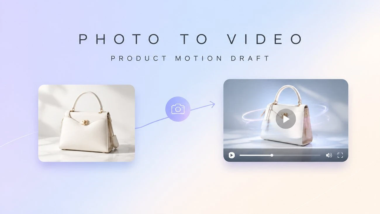 Product photo card turning into a video player card with the labels PHOTO TO VIDEO and PRODUCT MOTION DRAFT