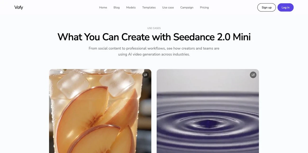 Screenshot of the Seedance 2.0 Mini use cases section on Vofy showing short product video examples