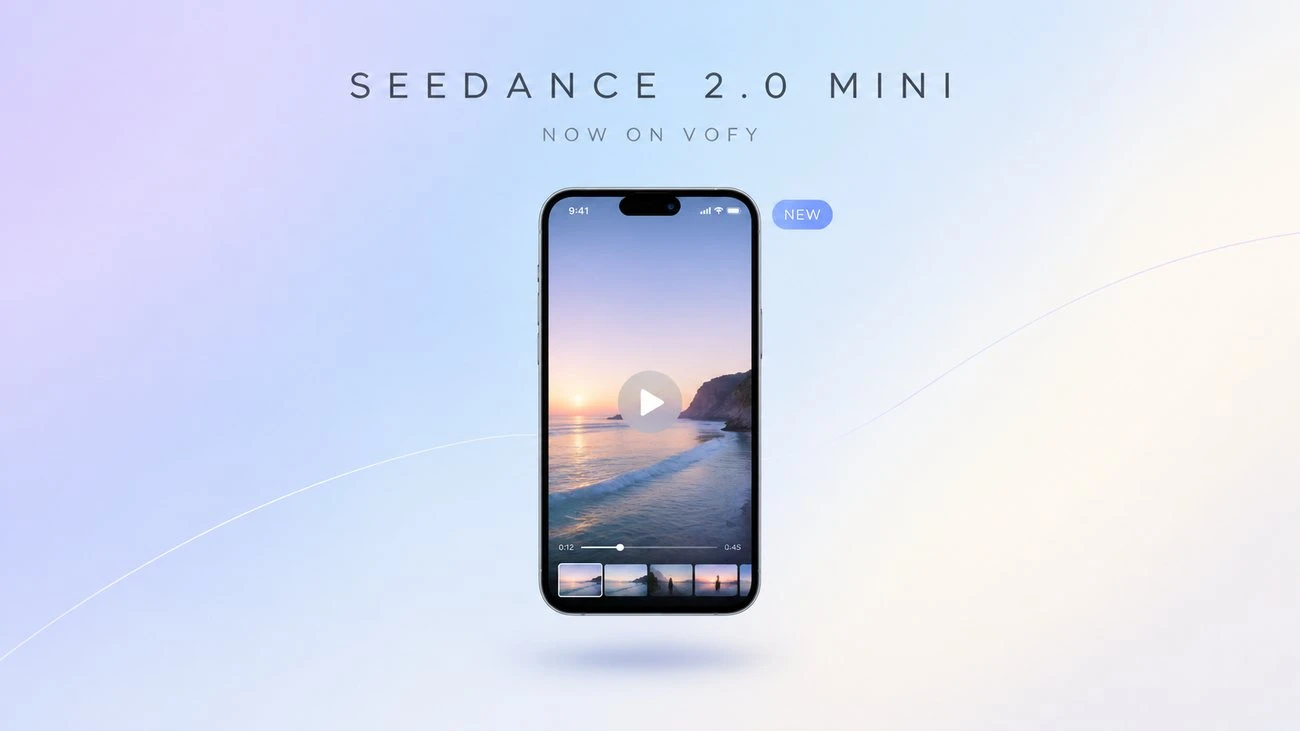 Seedance 2.0 Mini launch card: a short video clip interface with a play button and a NEW badge