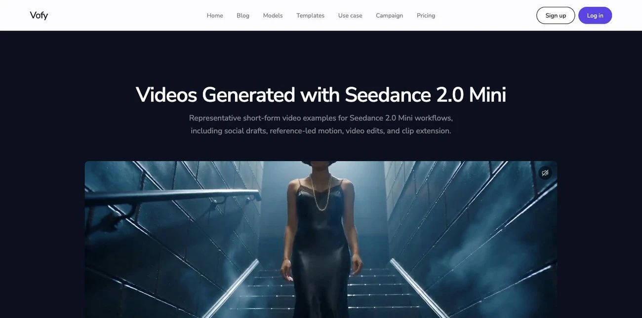 Screenshot of the Videos Generated with Seedance 2.0 Mini showcase on the Vofy model page