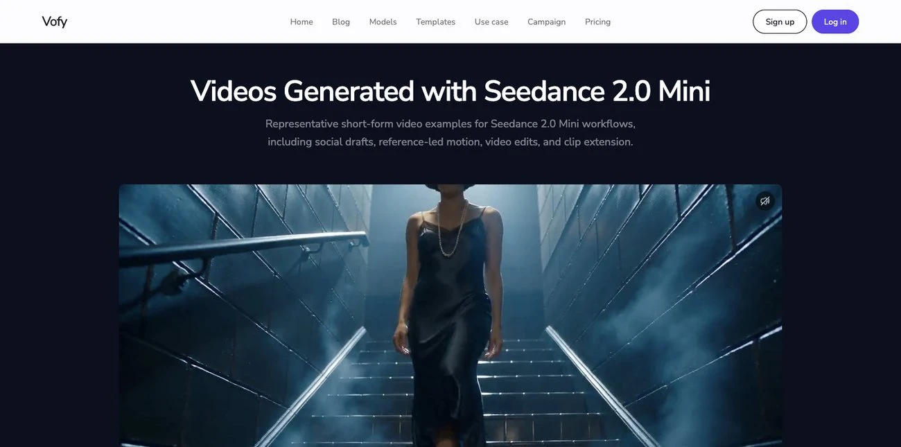 Screenshot of the Videos Generated with Seedance 2.0 Mini gallery on the Vofy model page