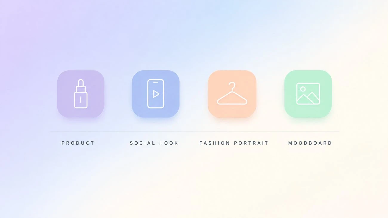 Four Seedance 2.0 Mini prompt template tiles: product, social hook, fashion portrait, and moodboard