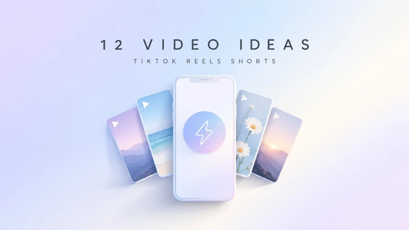 Social video idea card with a vertical phone mockup and the labels 12 VIDEO IDEAS and TIKTOK REELS SHORTS