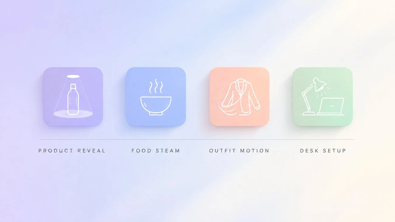 Four Seedance 2.0 Mini social video idea tiles: product reveal, food steam, outfit motion, and desk setup