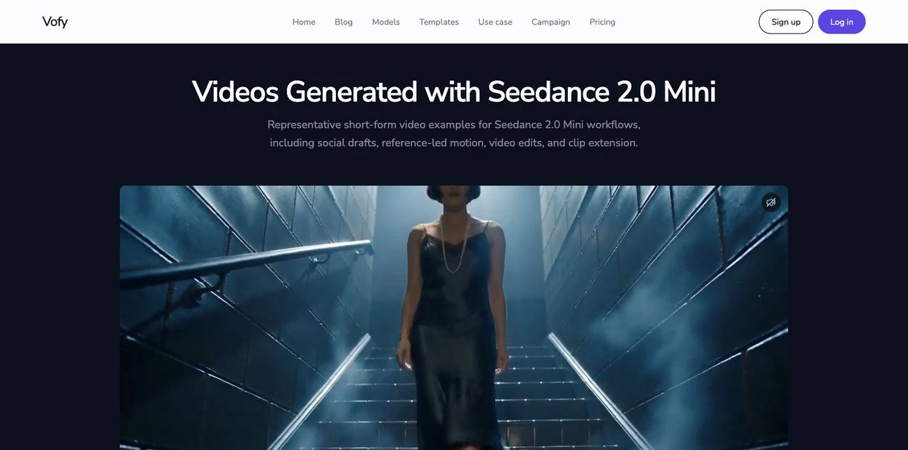 Screenshot of the Seedance 2.0 Mini example gallery on Vofy used for short-form social video ideation