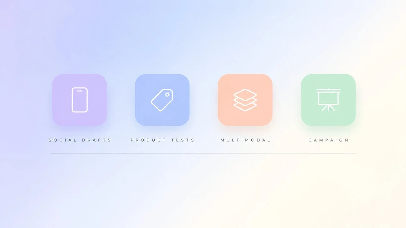 Four decision tiles for choosing a model: social drafts, product tests, multimodal, and campaign work