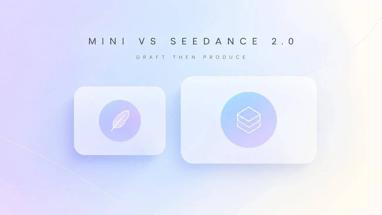 Two video cards comparing the models with the labels MINI VS SEEDANCE 2.0 and DRAFT THEN PRODUCE