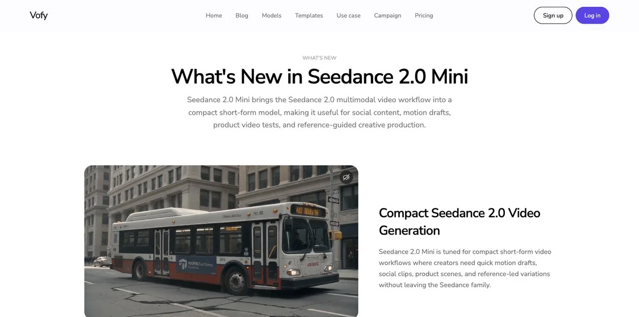 Screenshot of the What's New in Seedance 2.0 Mini section on the Vofy model page