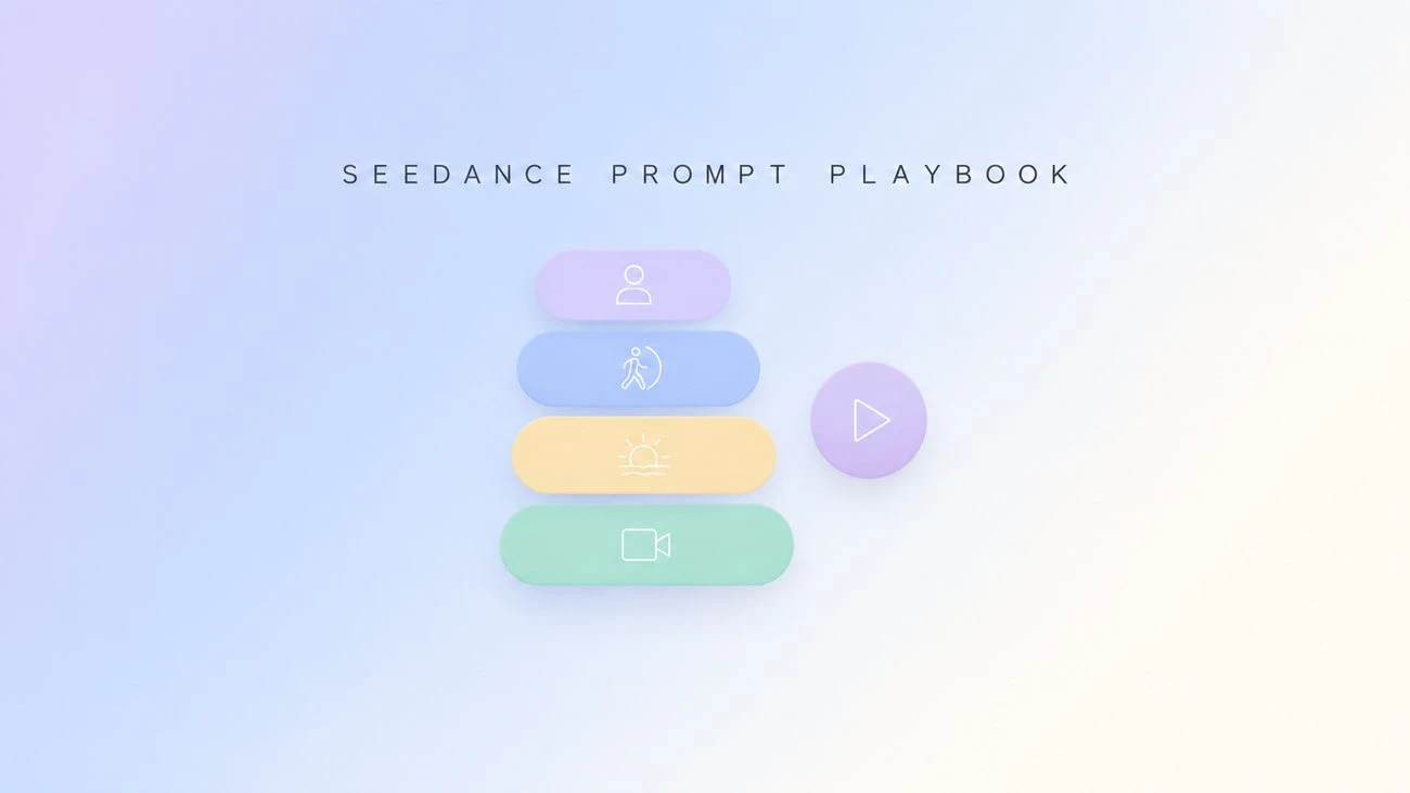 Illustration of stacked prompt blocks and a play button representing the Seedance prompt playbook
