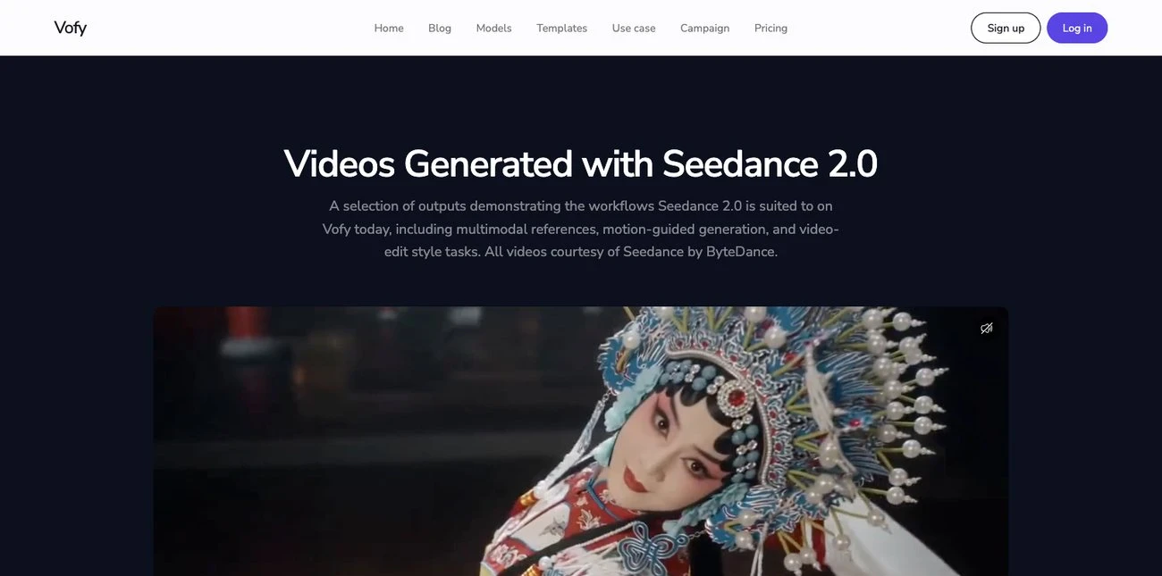 Seedance 2.0 model page on Vofy showing videos generated with the model