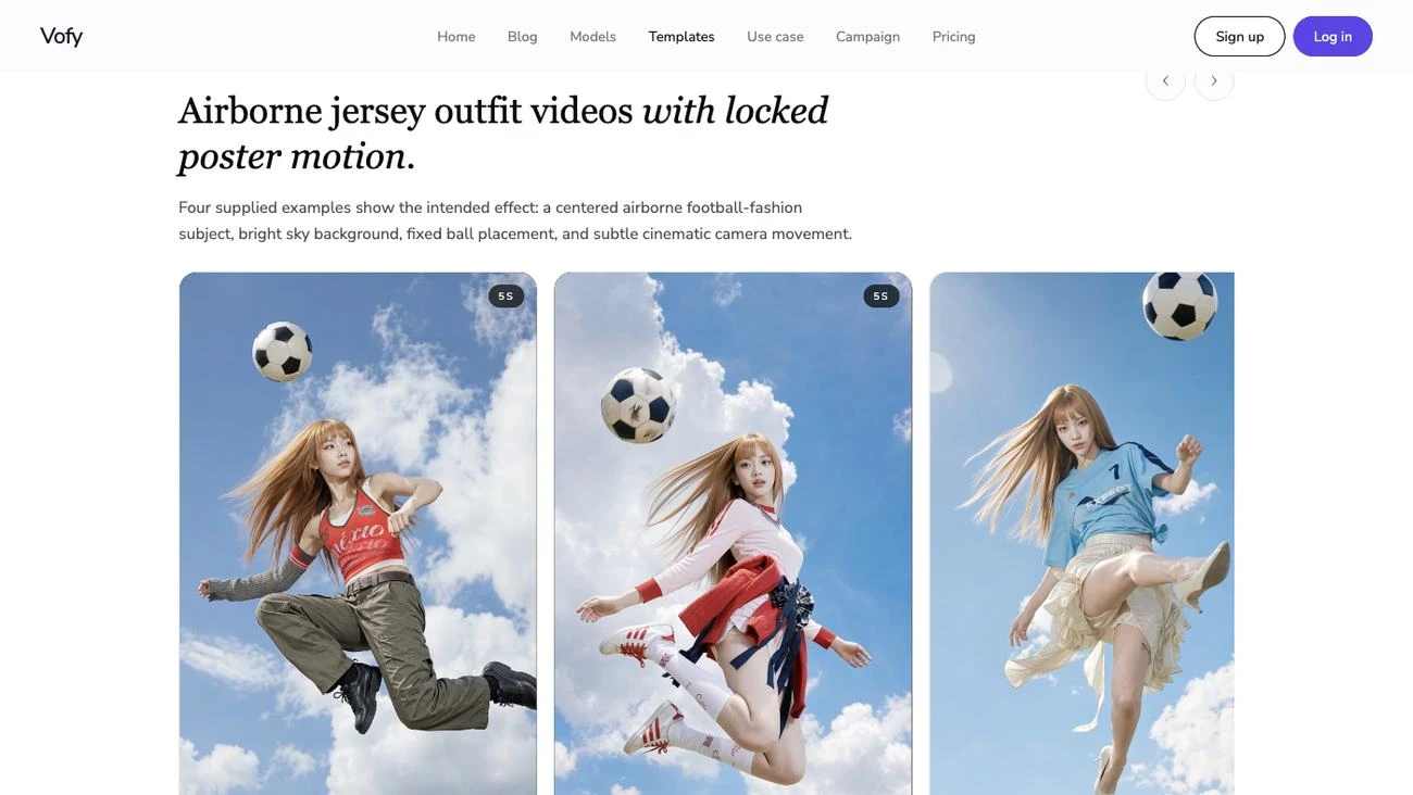 Screenshot of the Vofy Sky Jersey Outfit Video Generator page showing its video gallery