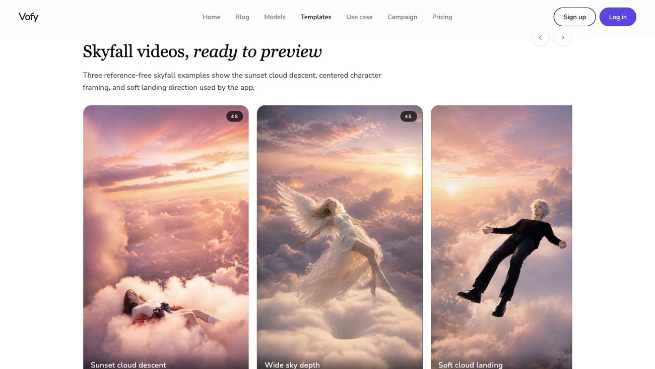 Screenshot of the Vofy Skyfall Video Generator page showing its video gallery