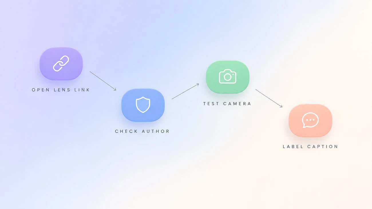 Four steps to verify a baby filter Lens: open lens link, check author, test camera and label caption