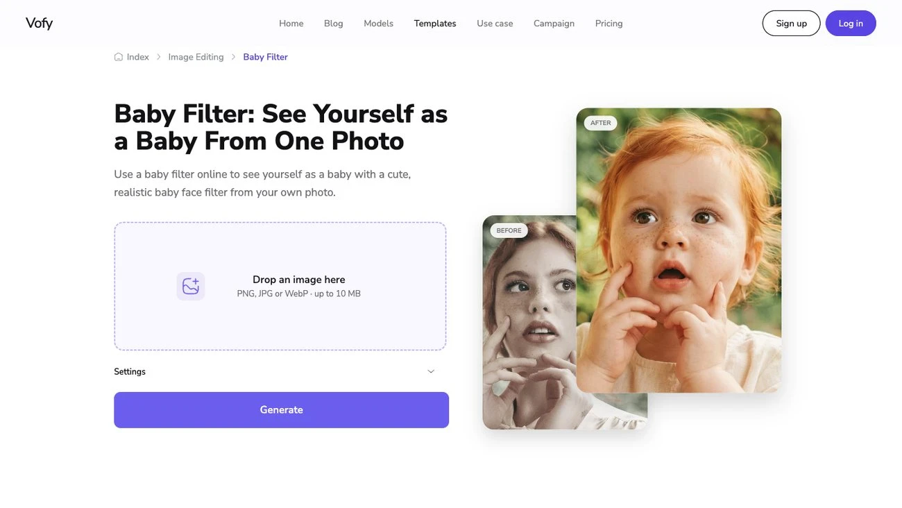 Screenshot of the Vofy Baby Filter page showing how a saved portrait becomes a baby version