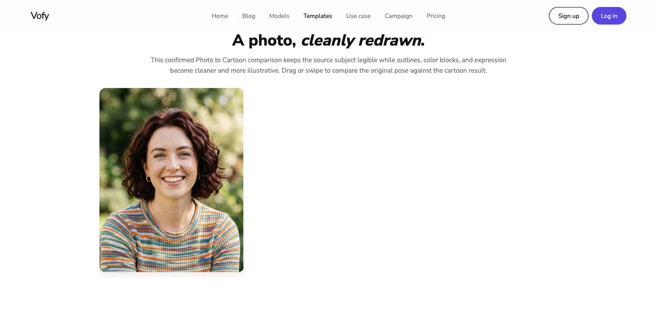 Screenshot of the Vofy Photo to Cartoon app showing a portrait cleanly redrawn as a cartoon.