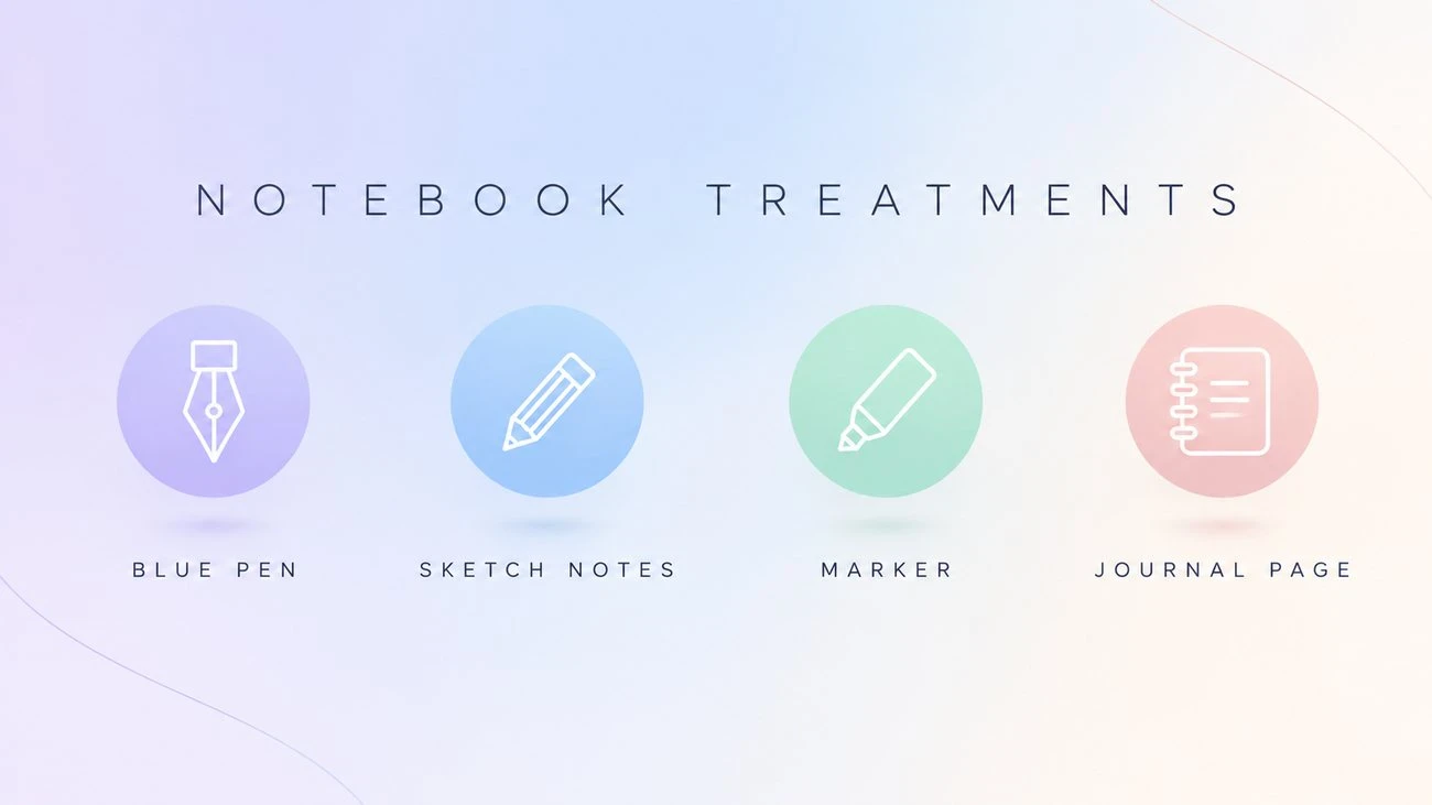 Diagram of four notebook doodle treatments labelled Blue Pen, Sketch Notes, Marker, and Journal Page.