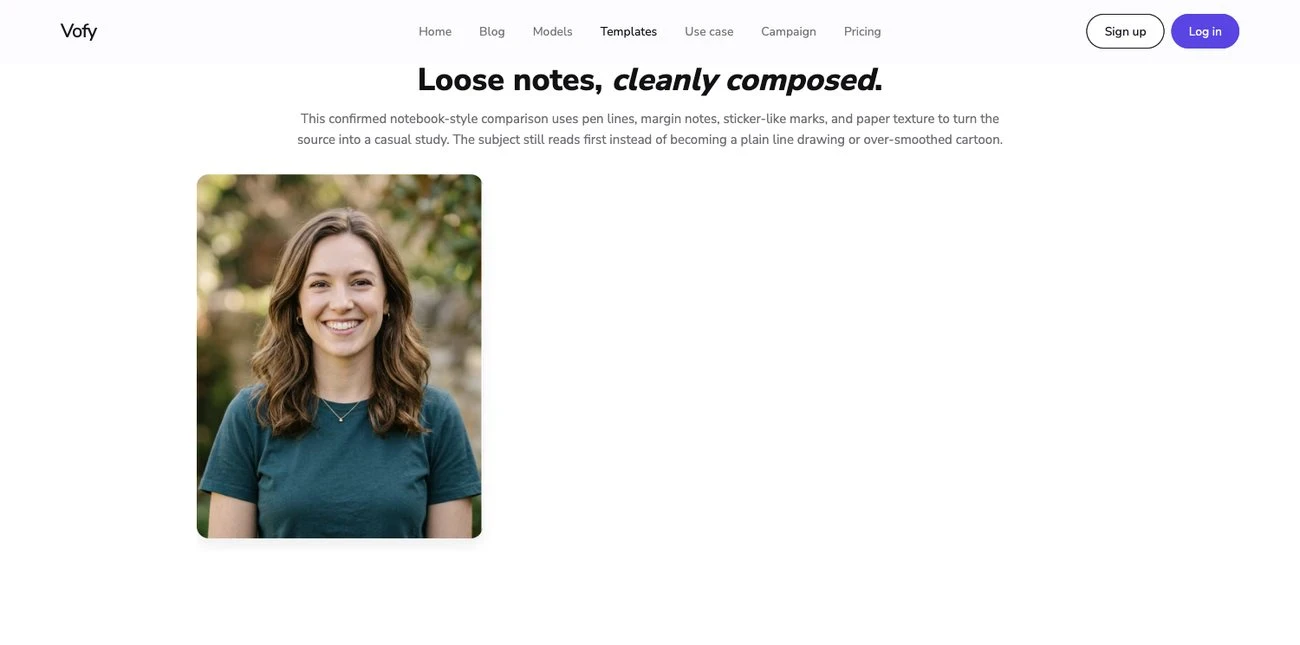 Screenshot of the Vofy Notebook Doodle Style app showing confirmed notebook-style photo examples.