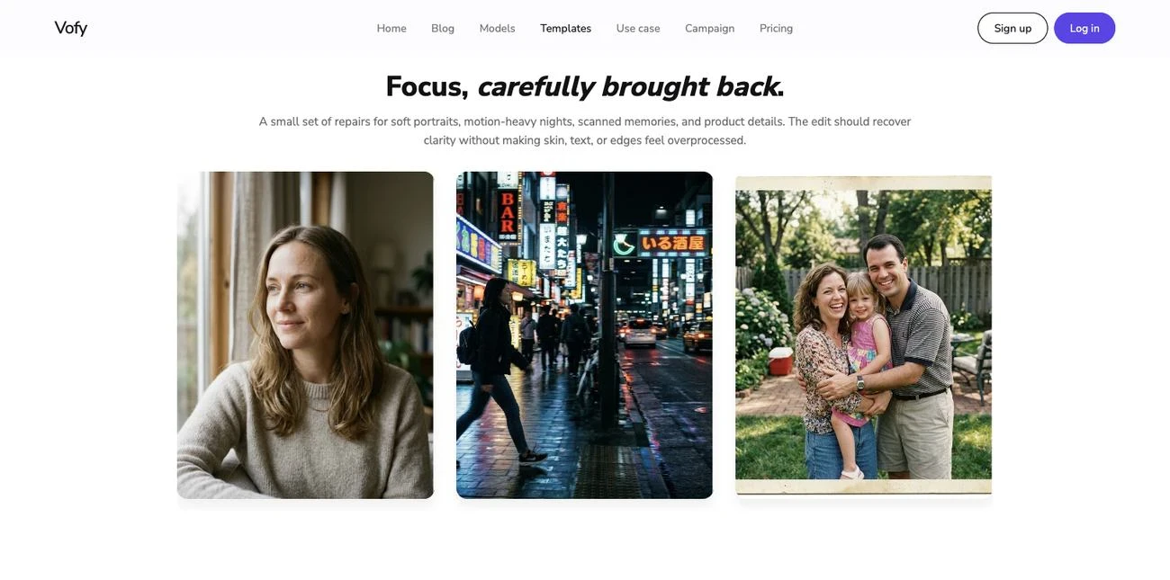 Screenshot of the Vofy Unblur Image gallery showing repaired blurry photos