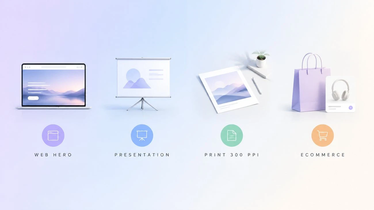 Upscale destination planning: web hero, presentation, print 300 PPI, and ecommerce
