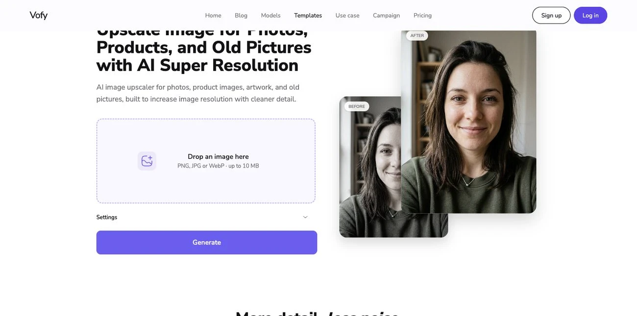 Screenshot of the Vofy Upscale Image tool with a before-and-after enlargement comparison