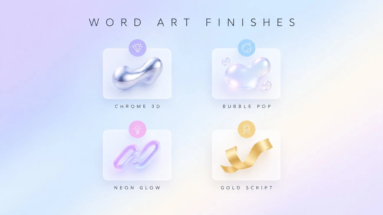 Diagram of four word art finishes labelled Chrome 3D, Bubble Pop, Neon Glow, and Gold Script.
