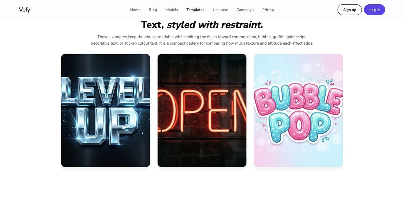 Screenshot of the Vofy Word Art Generator showing styled text examples that keep the phrase readable.