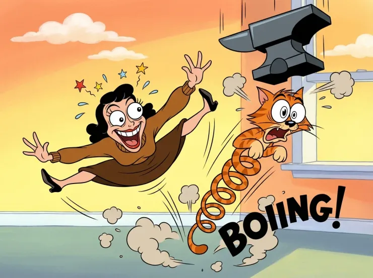 Transform this image into a classic Tex Avery / Looney Tunes cartoon style.Use bold, clean outlines and exaggerated character features - huge eyes,stretched limbs, and over-the-top facial expressions. Emphasize slapstickcomedy and visual humor. Colors should be vibrant and flat, with highcontrast. Backgrounds should be simple, painted with soft gradients or flatcolors, keeping focus on the character's action, Add motion lines, expressiveeffects (like sweat drops, stars, impact bursts), and a dynamic pose typicalof 1940s Warner Bros, animation, The final result should look like a freeze frame from a mid-century animated short- full of cartoon energy and absurd charm.