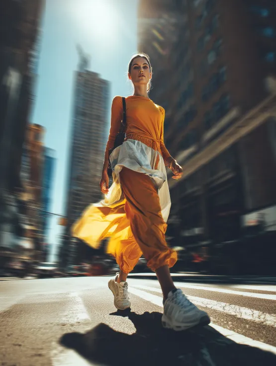 Ultra-realistic street photography.  
Low-angle ground-level shot with a wide-angle lens, cinematic perspective.  
A young woman walking confidently forward in the middle of a city street, captured mid-step. She is not looking at the camera, calm and determined expression.  

She wears a warm orange long-sleeve fitted top and matching loose pants, layered with a semi-transparent white lightweight fabric flowing in motion. White chunky sneakers, single-shoulder bag.  

The city forms a dramatic urban canyon with tall skyscrapers on both sides. Bright daylight with hard sunlight, strong highlights and shadows.  
Background buildings are slightly motion-blurred, creating a sense of speed and movement, while the subject remains sharp and in focus.  

Dynamic composition, powerful perspective distortion, fashion editorial style, cinematic lighting, shallow depth of field, ultra high definition, hyper-realistic details, modern city atmosphere.
