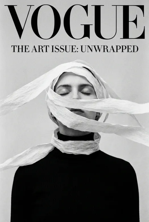 Black and white, a woman with her hair wrapped in long strips of paper, her eyes closed, wearing a black turtleneck sweater, the wind blows up the ribbons covering her face, fashion photography, magazine cover in the style of. ar 2:3