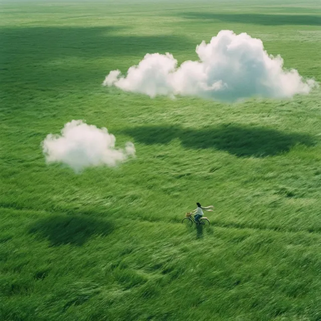 A vast, open grassland filling the entire frame, lush emerald-green grass gently swaying in the wind. Three clouds of different sizes float low above the field — a small isolated cloud nearby and a larger connected cloud formation drifting farther away — casting soft, moving shadows across the grass. A tiny human figure rides a bicycle through the grass, the wind lifting and trailing their scarf behind them. Calm, healing atmosphere, fresh green color palette, wide-angle lens, cinematic composition, grand and expansive landscape, soft natural lighting, peaceful and dreamy mood, high realism.
