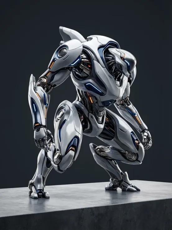 Solid-color background, ultra-high-quality realistic photography, ultra-sharp resolution. The main subject is a futuristic mech inspired by Zaha Hadid’s architectural design language, blending fluid aerodynamic curves with deconstructivist aesthetics. The mech features an extremely futuristic, sculptural form with a strong sense of advanced technology. Sharp, dramatic lighting emphasizes the texture of metal and composite materials, creating a high-tech atmosphere. The mech conveys dynamic tension, as if poised to launch or strike. Shot with a wide-angle lens to exaggerate proportions and highlight its unique silhouette; low-angle composition enhances visual impact and power. Signature non-linear design language with flowing yet forceful lines, intricate details revealing precise mechanical structures. Exceptional image quality with strong color contrast and bold light-and-shadow interplay, delivering an avant-garde, boundary-breaking visual effect. Professional composition, Da Vinci Master-level color grading.