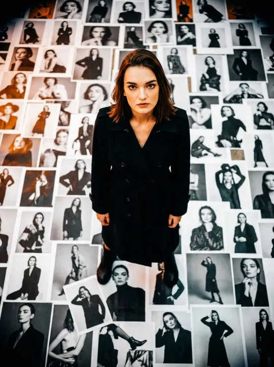 Based on the reference photo subject.
This is a high-definition photographic work in the style of LOMO LC-A.
Shot from a high-angle perspective, the camera focuses on a stunning cinematic actress. She is wearing a long black trench coat, with facial features and temperament exactly matching the reference photo subject.
She is standing on a ground fully covered with countless black-and-white fashion advertising posters. Due to the overhead angle, it is visible that all the models on the posters are also herself, shown in different fashion editorials—creating the impression that she is standing atop countless versions of her own alter egos.