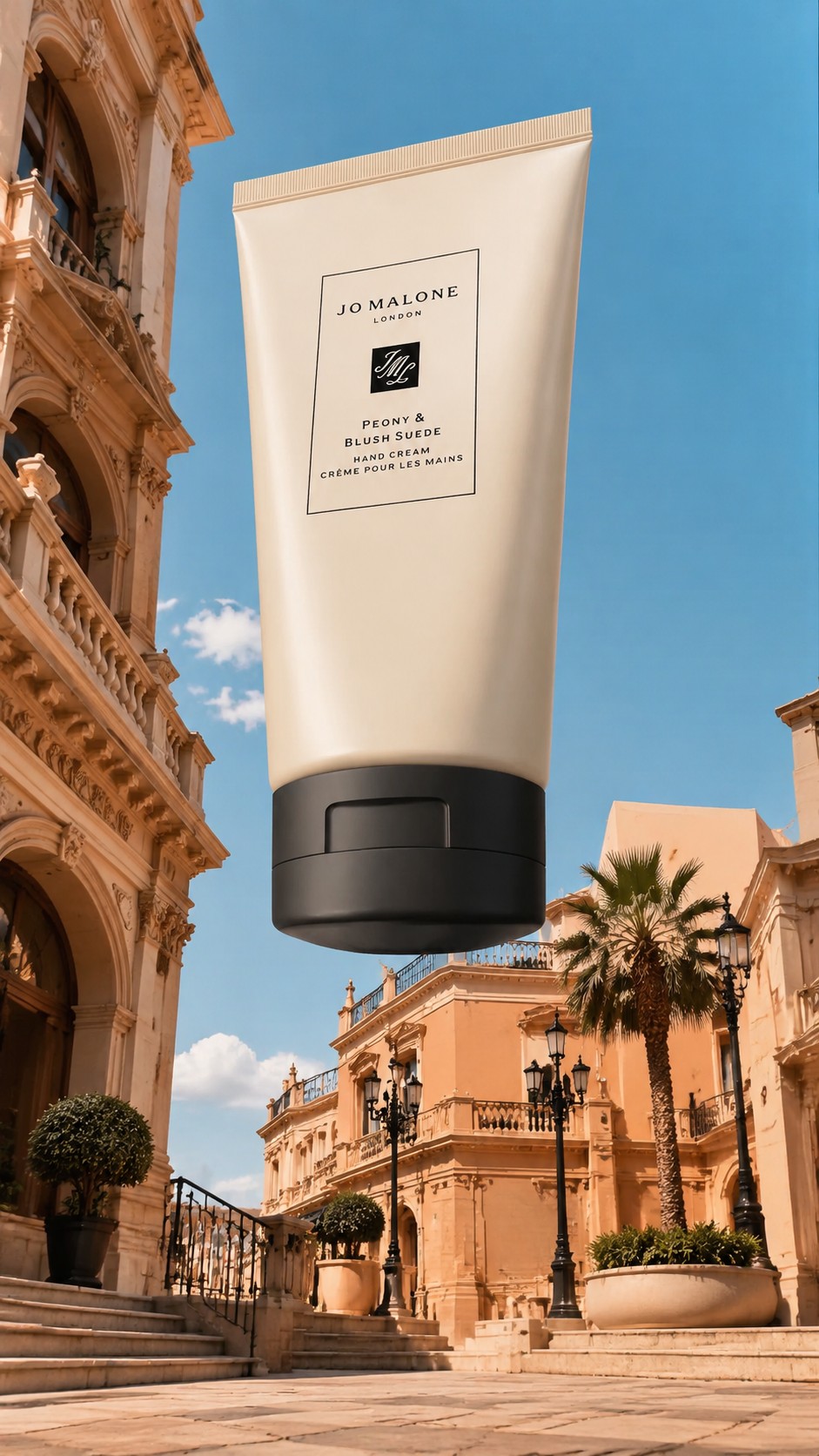 Giant cream tube in a low-angle luxury product scene