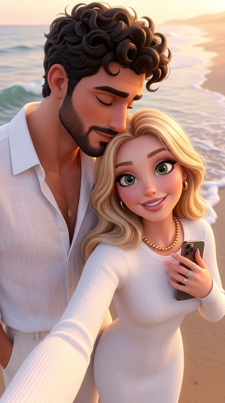 Couple street portrait restyled as romantic Disney-inspired storybook duo art