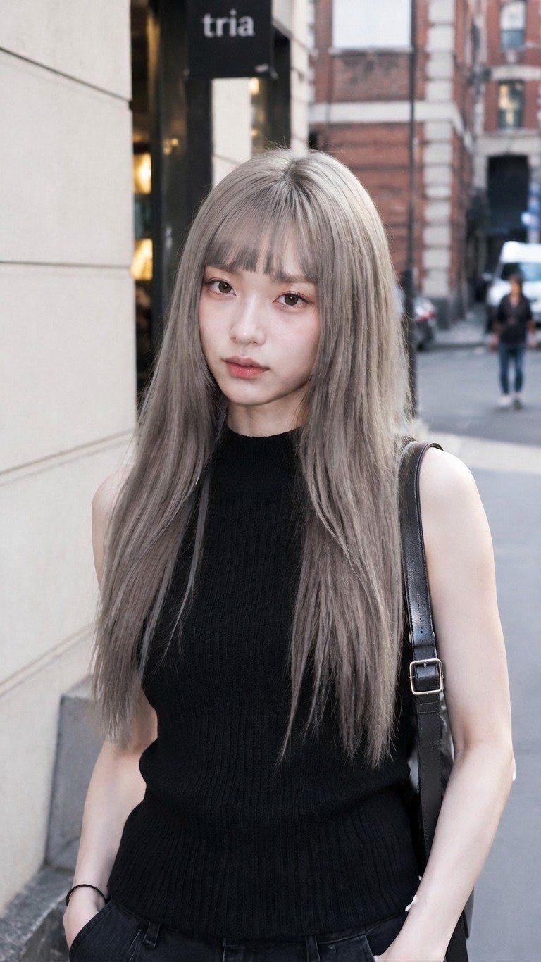 Street portrait result with cool silver ash hair color